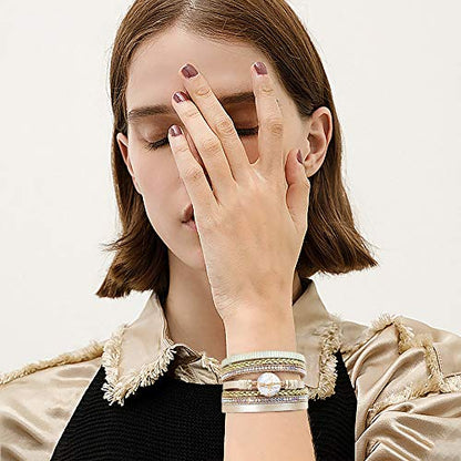 Wowanoo 3Pack Leather Cuff Bracelet Set Multilayer Wrap Bracelet Crystal Feather Tree Bracelet Magnetic Clasp Bracelet for Women - color: Pearl Khaki