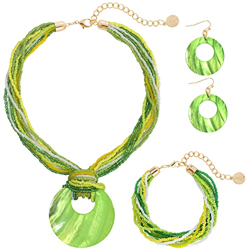 Coiris Multi Strand Statement Colorful Beaded Necklace with Big Circle Shell Pendant for Women - color: ST0012-Jasmine Green