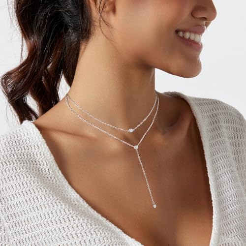 HERIER Lariat Gold Necklace for Women, Dainty Long Necklace 14k Gold Plated/Silver Y-Shaped Layered Beaded Chain Drop Necklaces for Women Trendy Simple Gold Jewelry for Women Gifts - color: Layered CZ Necklace-Silver