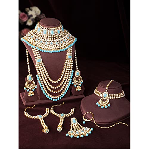 Aheli Traditional Wedding Indian Bharatanatyam jewellery set Long Choker Necklace Earrings Maang Tikka Nath Paasa Hath Phool for Women - color: Sky Blue