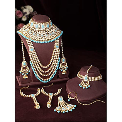 Aheli Traditional Wedding Indian Bharatanatyam jewellery set Long Choker Necklace Earrings Maang Tikka Nath Paasa Hath Phool for Women - color: Sky Blue
