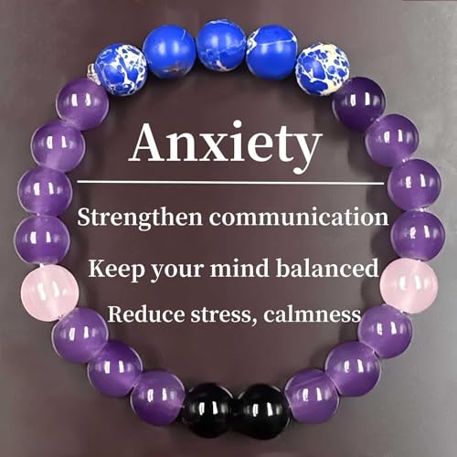 Amethyst Bracelet for Women Men, Elegant Handmade Natural Gem Stone Round Beaded Stretch Elastic Adjustable Healing Bracelets 8mm Gifts - color: AL-0086, size: Medium