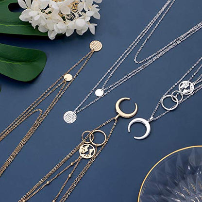 6 Pieces Layered Necklaces For Women Long Necklaces Gold Choker Necklaces Map Coin Bar Crescent Moon Necklace Layered Y Pendant Necklace Multilayer - color: sliver