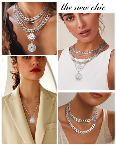 MJartoria Layered Necklaces for Women Trendy Retro Coin Pendant | Dainty Chunky Chain, Choker Necklaces, Jewelry Birthday Gifts - color: Silvery, style: Zodiac-Aquarius-3PCS Layered