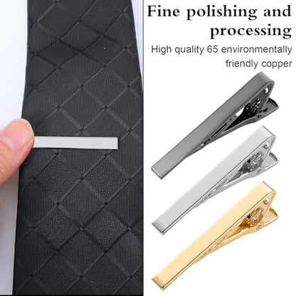 JJUNW 6 Pcs Tie Clips for Men, Stainless Steel Tie Clips Classic Ties Bar Clip Silver Patterned for Father Husband Business Wedding Anniversary Everyday Wear (Gold + Silver + Black)