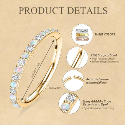 FUNLMO 20G 18G 16G 12G Nose Ring Hoop Conch Rook Daith Helix Tragus Piercing Jewelry 316L Surgical Steel Cartilage Earring Conch Hoop Earring Septum Jewelry Belly Lip Ring 5mm to 14mm - color: Gold-CZ&Opal, 1pc