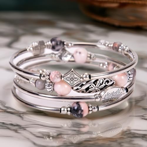 Boho Wrap Beaded Bracelet for Women – Handmade Natural Stone Jewelry – Stainless Steel Adjustable Ethnic Chic Gift - color: Pink Zebra Jasper Stone