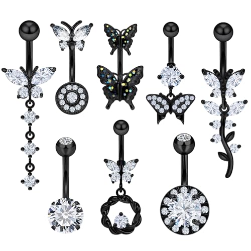 Vsnnsns 14G Belly Button Ring Piercing Jewelry 316L Stainless Surgical Steel Heart CZ Pearl Butterfly Flower Navel Rings Dangle Belly Button Ring Navel Piercing Jewelry for Women Men Hypoallergenic - color: Black-Clear CZ