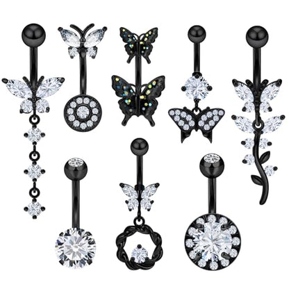 Vsnnsns 14G Belly Button Ring Piercing Jewelry 316L Stainless Surgical Steel Heart CZ Pearl Butterfly Flower Navel Rings Dangle Belly Button Ring Navel Piercing Jewelry for Women Men Hypoallergenic - color: Black-Clear CZ