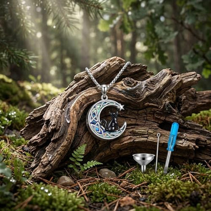 925 Sterling Silver Moon Black Cat Necklace for Women Cat Jewelry - style: Abalone Moon Cat Urn Necklace