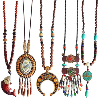 Bohemian Beaded Necklace for Women Long Boho Pendant Wood Mala Beads Wooden Strand Tassel Stone Bohemian Necklaces for Women Jewelry - style: Ethnic Mantra Set