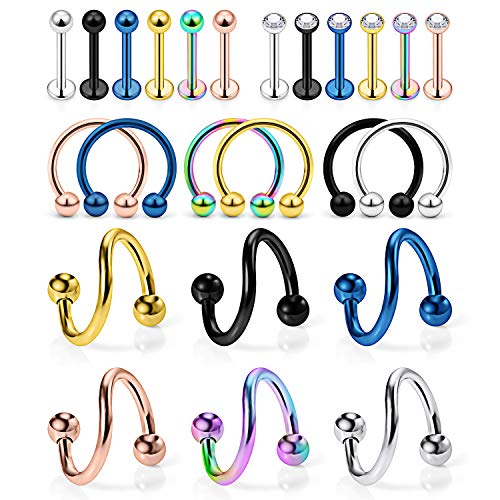 16G Spiral Lip Rings Hoops 316L Surgical Steel Cartilage Helix Tragus Earring Lip Eyebrow Labret Septum Smiley Rings Hoop Piercing Jewelry 8mm 10mm - color: F:24pcs 10MM Mix Color