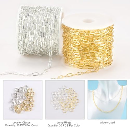 Kyutong 32.8 FT Gold and Silver Jewelry Making Chains Paperclip Chain Links | 2 Rolls Paper Clip Chain Necklace Brass Jewelry Findings with Clasps for Women DIY Jewelry Crafts - color: 3.2x6.3 Paperclip Chain