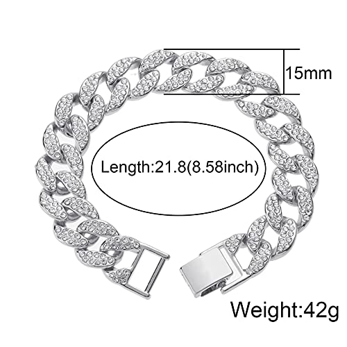 Saintda Iced Out Cuban Link Chain Necklace Bracelet Set for Men | 14mm Cuban Link Necklace Bracelet Jewelry Set Diamond Iced Out Mens Bling Thick Necklaces Chains - color: Silver-W:15MM-THK:3MM, size: 18inch