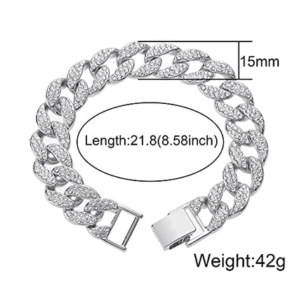 Saintda Iced Out Cuban Link Chain Necklace Bracelet Set for Men | 14mm Cuban Link Necklace Bracelet Jewelry Set Diamond Iced Out Mens Bling Thick Necklaces Chains - color: Silver-W:15MM-THK:3MM, size: 18inch