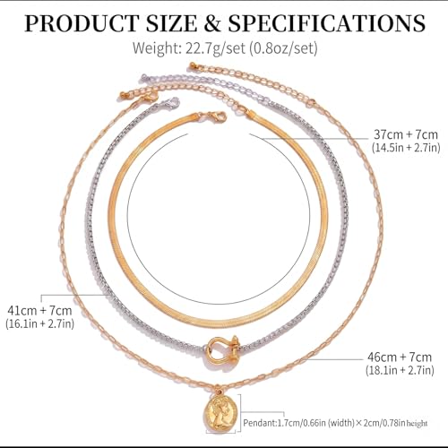 3 Pcs Layered Necklaces for Women, Stackable Statement Jewelry | Trendy stackable jewelry set! 3 separate lightweight chains. Perfect statement gift for women to elevate any daily outfits. - color: Silver Gold (Coin Stack)