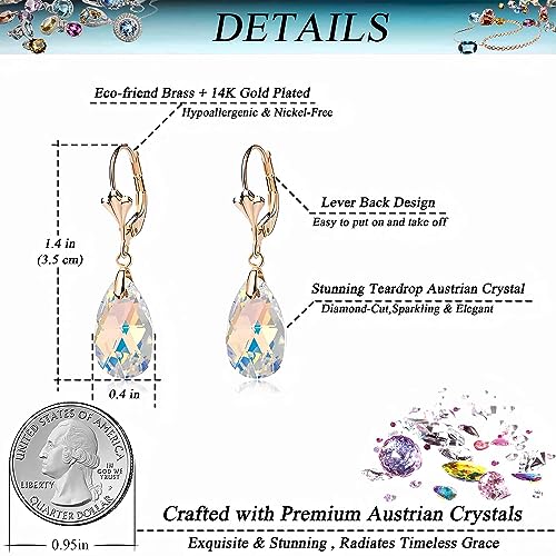 Austrian Crystal Teardrop Leverback Dangle Earrings for Women Fashion 14K Gold Plated Hypoallergenic Jewelry - color: Aurora Borealis