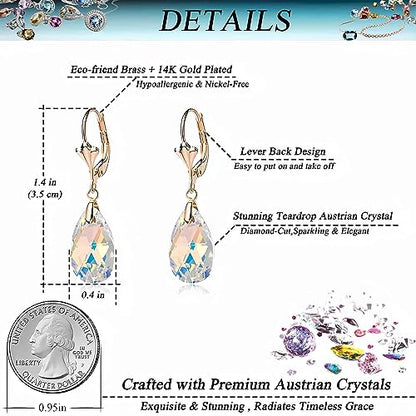 Austrian Crystal Teardrop Leverback Dangle Earrings for Women Fashion 14K Gold Plated Hypoallergenic Jewelry - color: Aurora Borealis