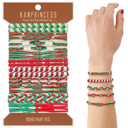 KANPRINCESS 20pcs Christmas Boho Hair Ties - 10 Styles | Elastic Hair Bands & Bracelets for Women's Thick or Thin Hair - No Damage - Christmas Gift For Girls Teens Women - color: Set18