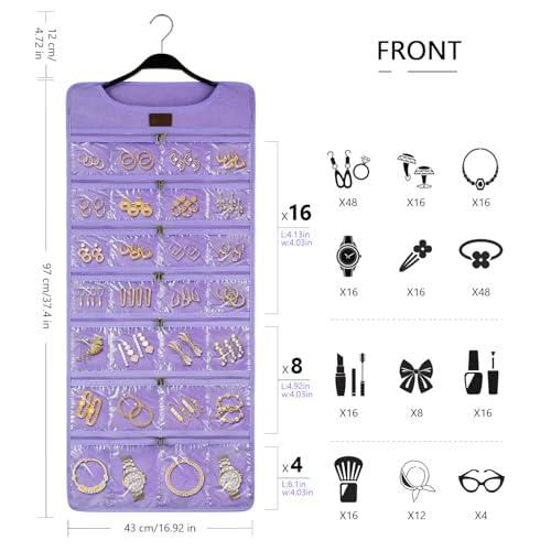 SMRITI Hanging Jewelry Organizer with Dual Zippered Pockets Canvas Double Sided Rotating Hanger Necklace Hanging Wall Organizer Earring Dustproof Holder Wall Mount Accessories Display Bag(Purple) - color: Purple