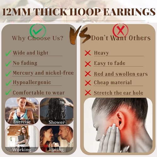 Senteria 12mm Wide Thick Sterling Silver Hoop Earrings Hypoallergenic | 14K Real Gold Plated Hoops Large Earring Lightweight Chunky Hoops Earring for Women Gift for Birthday Christmas 25/30/40/50MM - color: Gold-30mm