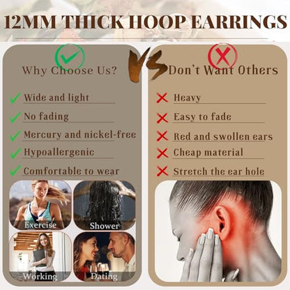 Senteria 12mm Wide Thick Sterling Silver Hoop Earrings Hypoallergenic | 14K Real Gold Plated Hoops Large Earring Lightweight Chunky Hoops Earring for Women Gift for Birthday Christmas 25/30/40/50MM - color: Gold-30mm