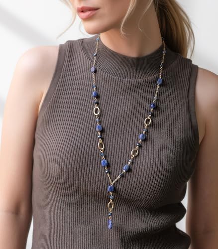 FULU AUTUMN Long Gold Beaded Necklaces for Women Natural Stone Bead Statement Pendant Necklace Y Sweater Chain Fashion Jewelry Gifts - color: Blue