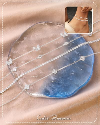 RLMOON Gold Silver Anklets for Women CZ Ankle Bracelets 14K Gold Plated | Waterproof Layered Stackable Clover Butterfly Tennis Chain Anklet Non Tarnish Trendy Summer Beach Foot Jewelry - color: Gold anklet C