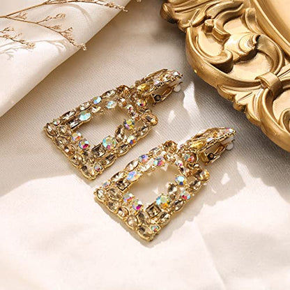Flyonce Rectangle Clip-on Drop Earrings for Women, Sparkly Rhinestone Crystal Geometric Statement Non Pierced Earring Wedding Prom Party Jewelry for Brides Bridesmaid - color: Brown Gold-Tone