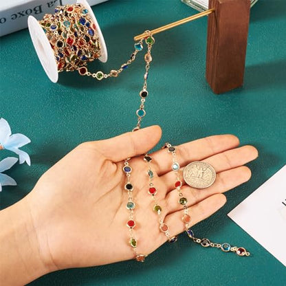 PH PandaHall Pandahall 16.4 Feet Rhinestone Jewelry Chains Colorful Glass Crystal Chains Gold Plated Brass Chains Handmade Flat Round Link Chains for Bracelet Necklace Jewelry Making