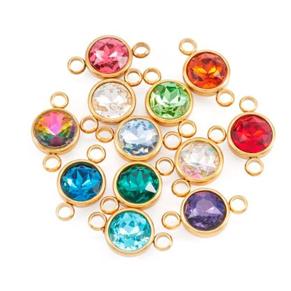 Pandahall 12Pcs Flat Round Birthstone Charms Glass Rhinestone Links Crystal Birthstone Charms Stainless Steel Connector Pendants 12 Colors for Earring Necklace Bracelet Keychain Making