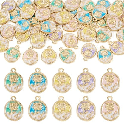 50Pcs Alloy Enamel Rose Flower Charms Golden Plated Rose Charms for Jewelry Making, 16.5x12mm Drop Oil Floral Pendant for DIY Necklace Earring Bracelet Craft Supplies - color: Golden Plated, Oval Flower