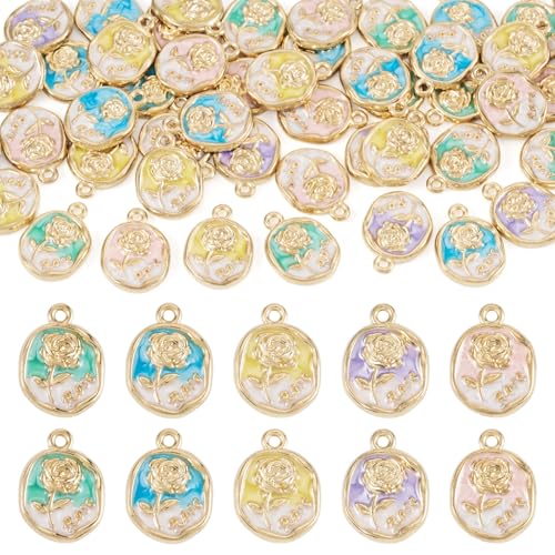 50Pcs Alloy Enamel Rose Flower Charms Golden Plated Rose Charms for Jewelry Making, 16.5x12mm Drop Oil Floral Pendant for DIY Necklace Earring Bracelet Craft Supplies - color: Golden Plated, Oval Flower