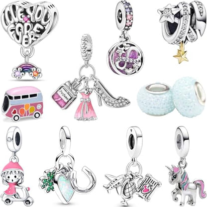 10 Pack Silver Bead Charms Compatible with Charms Bracelet Necklace, Silver Charms for Bracelets for Women, the Pendant Dangle Beads with Cubic Zirconias Are the Perfect Jewelry Gift for Women, Ideal for Christmas, Birthdays, Mother's Day, and Valentine's