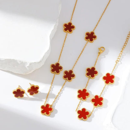 14K Gold-Filled Clover Necklace For Women - Classic Five-Leaf Flower Set Bracelet Necklace Earrings Jewelry Set, Five Leaf Clover Necklaces Dainty Lucky Clover Jewelry - color: Red - Clover Necklace