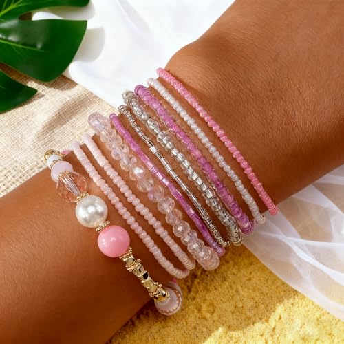 Handmade Stackable Rice Seed Beaded Ball Bracelets set for women, Romantic Boho Trendy Acrylic Glass Stretch Accessories Multi Layer Jewelry, Daily Wear Party Holiday Friendship Gift - color: Pink