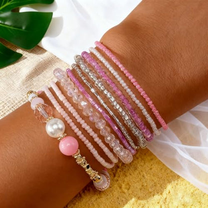 Handmade Stackable Rice Seed Beaded Ball Bracelets set for women, Romantic Boho Trendy Acrylic Glass Stretch Accessories Multi Layer Jewelry, Daily Wear Party Holiday Friendship Gift - color: Pink