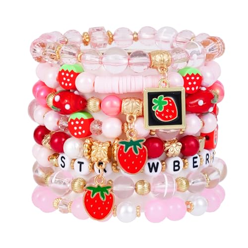 Summer Surfer Heishi Bracelet Set for Women Stackable Gold Plated Clay Ploymer Bead Stretch Pink Beach Layering Bracelets Jewelry - color: A-Strawberry bracelet