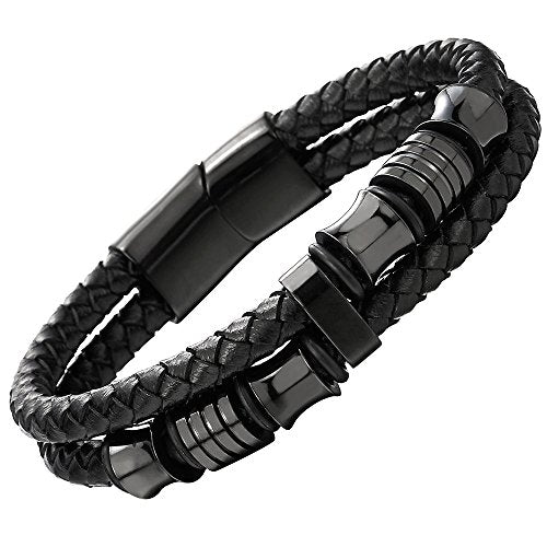 COOLSTEELANDBEYOND Mens Double-Row Braided Leather Bracelet Bangle Wristband with Black Stainless Steel Ornaments - color: A-Black