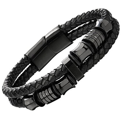COOLSTEELANDBEYOND Mens Double-Row Braided Leather Bracelet Bangle Wristband with Black Stainless Steel Ornaments - color: A-Black
