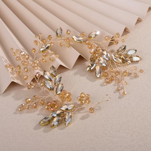 Teyglen Champagne Crystal Rhinestone Beads Headband Flower Bridal Wedding Hair Vine for Bride Headpiece Party Prom Bridal Hair Accessories for Women (Champagne) - color: Champagne