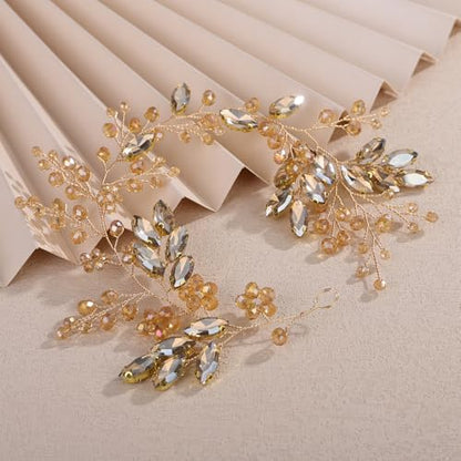 Teyglen Champagne Crystal Rhinestone Beads Headband Flower Bridal Wedding Hair Vine for Bride Headpiece Party Prom Bridal Hair Accessories for Women (Champagne) - color: Champagne