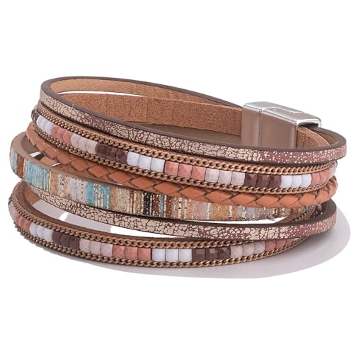 Boho Layered Leather Wrap Bracelets Chunky Western Country Hippie Jewelry | Stackable Bohemian Cowgirl Magnetic Clasp Cuff Bangle Set Fashion Stack Statement Festival Trendy Jewelry Gifts for Women - color: Brown