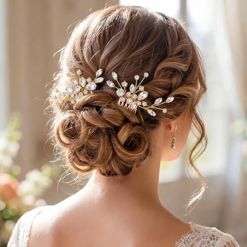 Bride Rose Gold Wedding Hair Comb Rhinestone Bridal Headpiece Sparkly Crystal Hair Accessorie for Women (Rose Gold) - color: Rose Gold