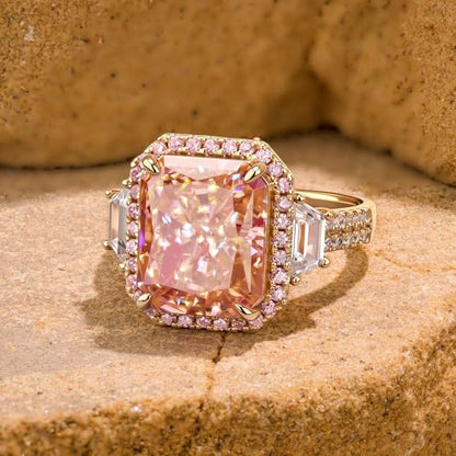 Moissa 8ct Sunset Glow Radiant Cut Halo Cocktail Ring for Women | 14K Gold Plated Tarnish-Resistant Silver Ring, 12x10mm Lab Zircon, Bold Statement Ring for Party, Engagement & Anniversary - color: Padparadscha