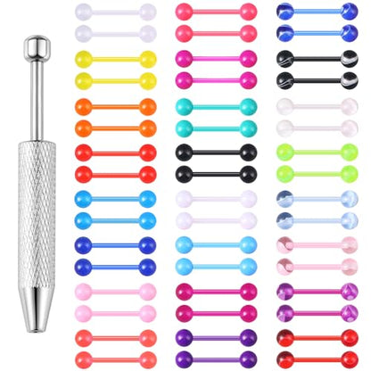 48Pcs 14G Glow in Dark Acrylic Straight Tongue piercing for Women | Candy Color Tongue Piercing Jewelry,Flexible Ring Barbell,14mm Bar Tongue Rings Piercing Ball Grabber Set - style: B