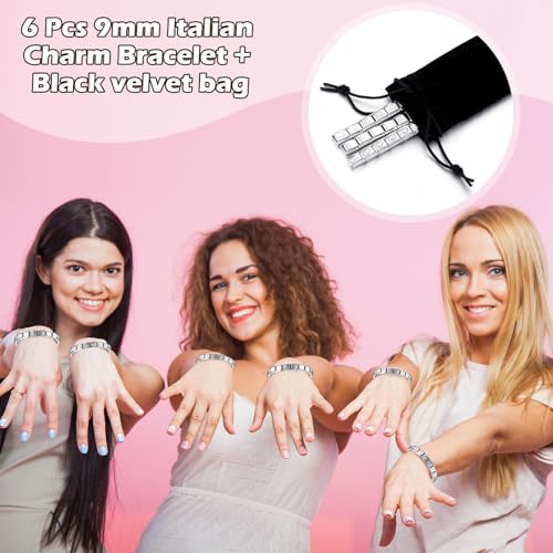 Huquary 6 Pcs Italian Charm Bracelets Shiny 9mm Starter 18 Links Stainless Steel Italian Bracelet Modular Links - color: silver