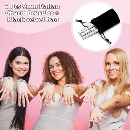 Huquary 6 Pcs Italian Charm Bracelets Shiny 9mm Starter 18 Links Stainless Steel Italian Bracelet Modular Links - color: silver