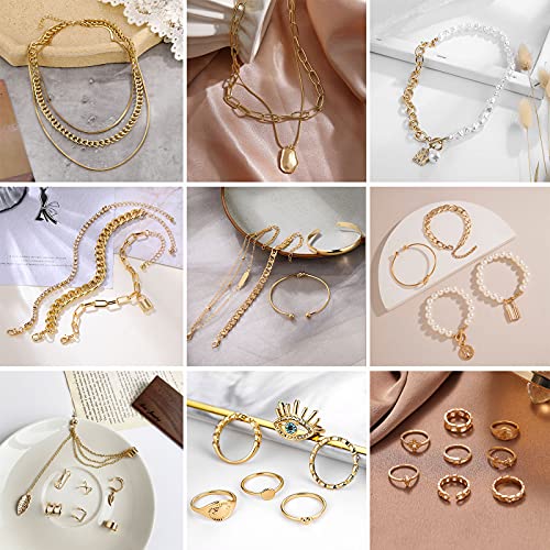 IFKM Gold Plated Jewelry Set for Women,14k Gold Plated Multi Layer Necklaces Stackable Bangle Bracelets Stackable Knuckle Rings Hoop Earrings Set Anniversary Trendy Elegance Charms Anniversary Birthday Jewelry Gift - color: 36 pcs Gold