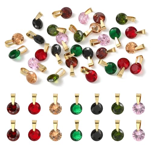 Cheriswelry 28 pcs Cubic Zirconia Charms 14mm Round Colorful Birthstone Pendants Crystal Stone Rhinestone Tiny Dangle Charms for Jewelry Making Necklace Earring Bracelet DIY Craft
